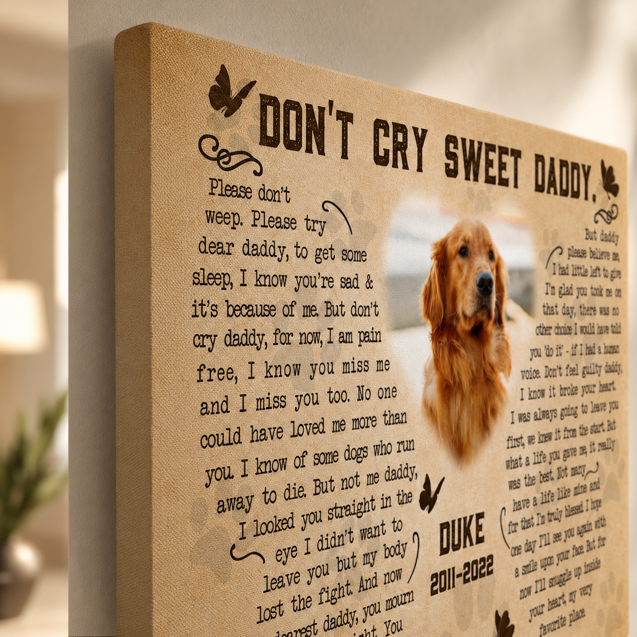 Don't Cry For Me Papa Dog Poem | Custom Dog Memorial Canvas | Dog Memorial Gifts