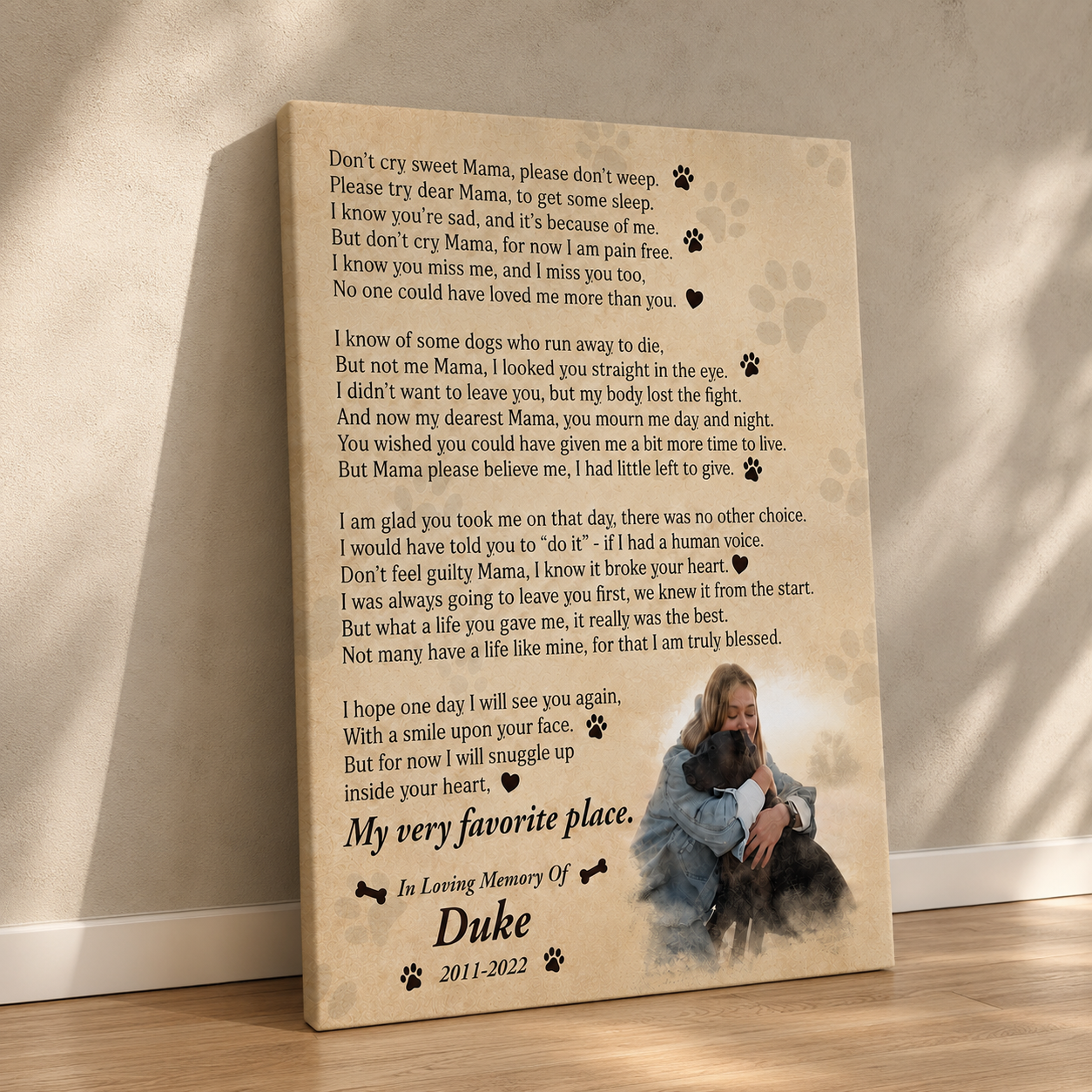 Don't Cry Sweet Mama Dog Poem | Custom Dog Memorial Canvas | Dog Memorial Gifts