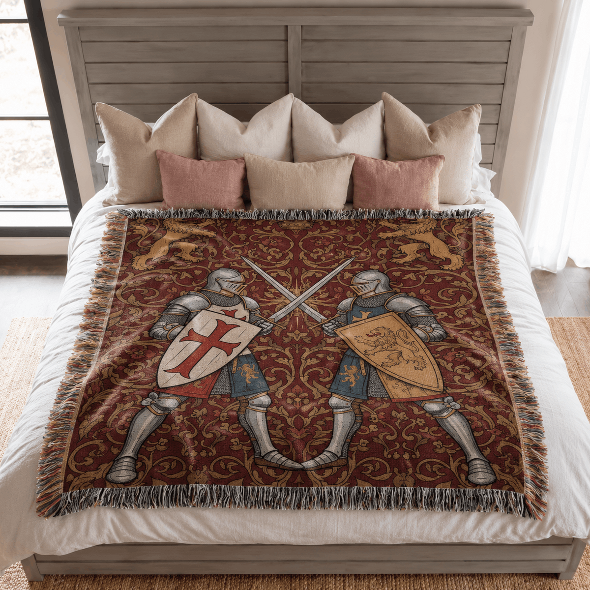 Medieval Knight Tapestry Woven Blanket | Crusader Duel Tapestry Throw Woven Blanket