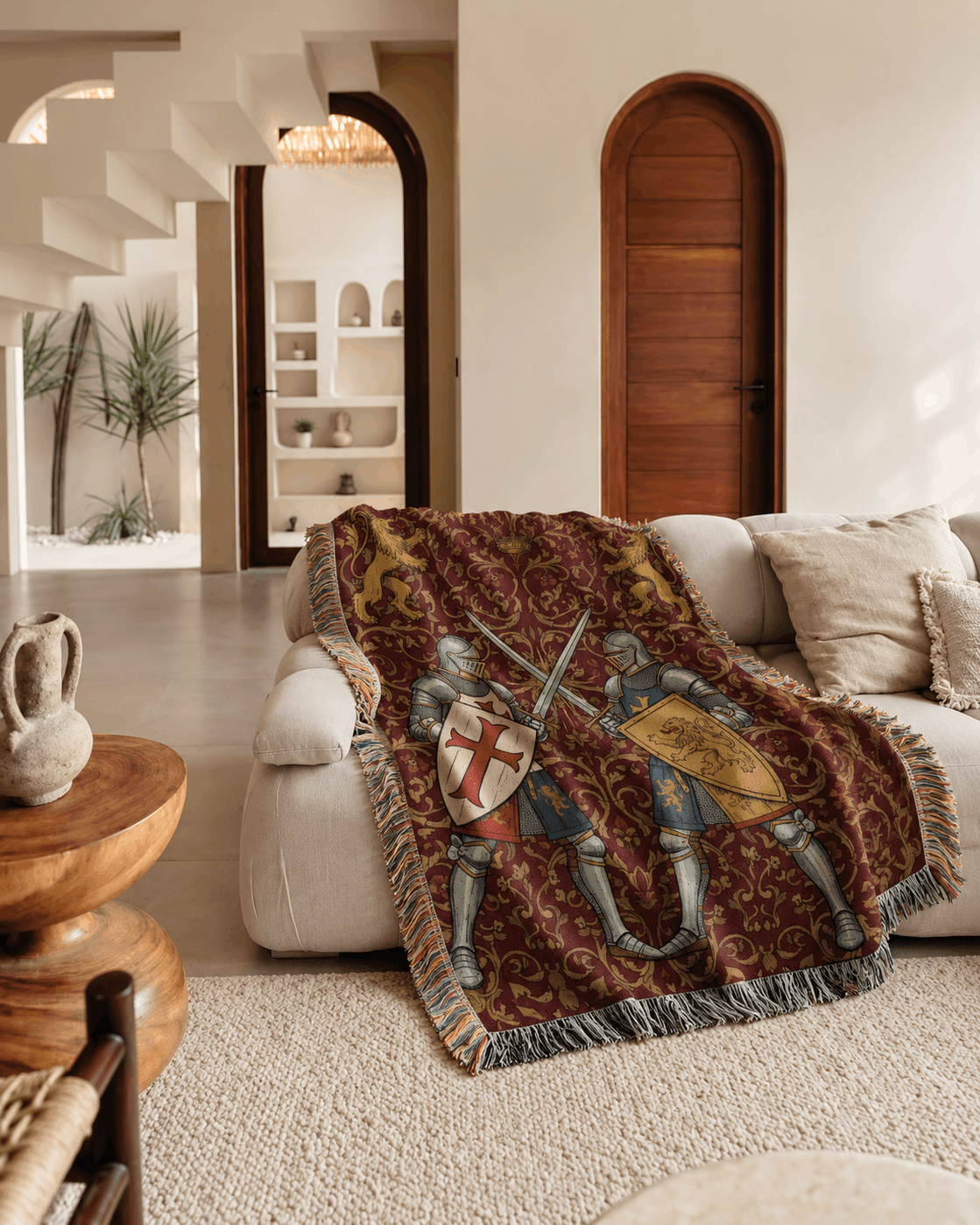 Medieval Knight Tapestry Woven Blanket | Crusader Duel Tapestry Throw Woven Blanket