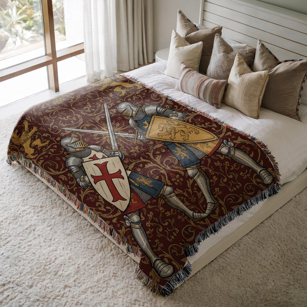Medieval Knight Tapestry Woven Blanket | Crusader Duel Tapestry Throw Woven Blanket