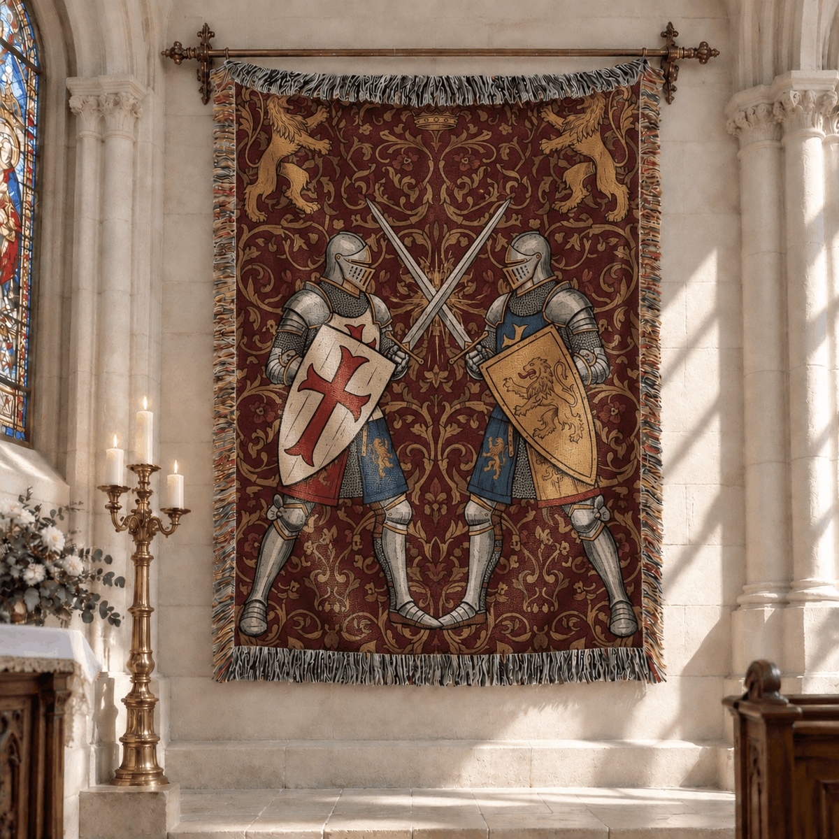 Medieval Knight Tapestry Woven Blanket | Crusader Duel Tapestry Throw Woven Blanket