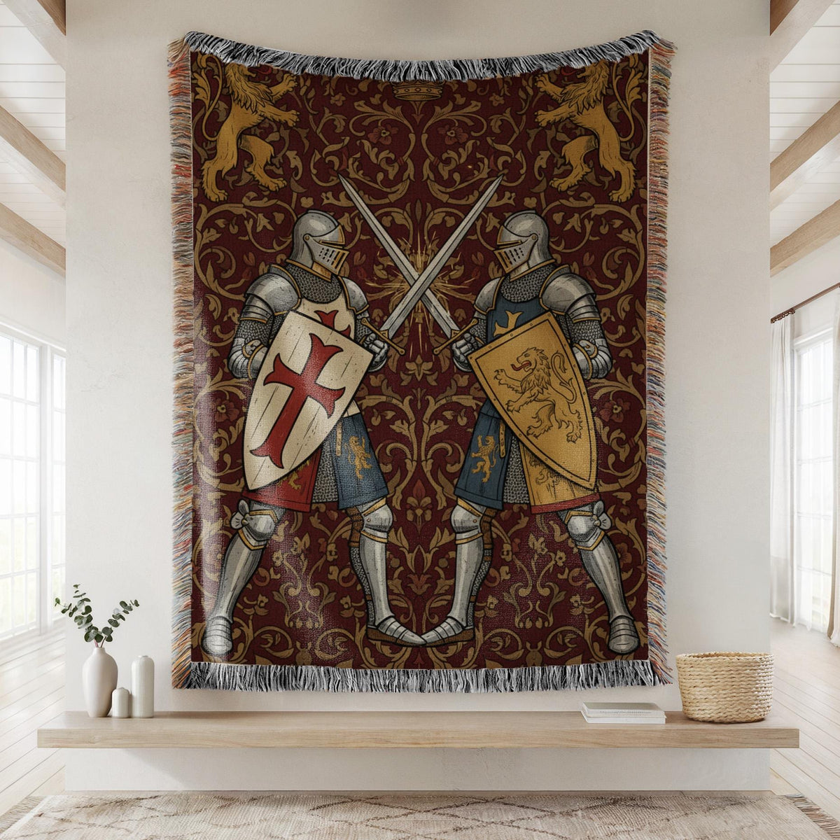 Medieval Knight Tapestry Woven Blanket | Crusader Duel Tapestry Throw Woven Blanket