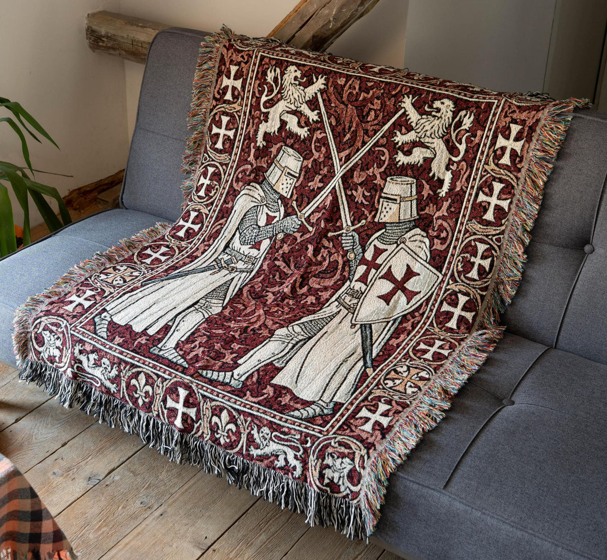 Crusader Duel Woven Blanket Tapestry | Templar Knights Cross Tapestry