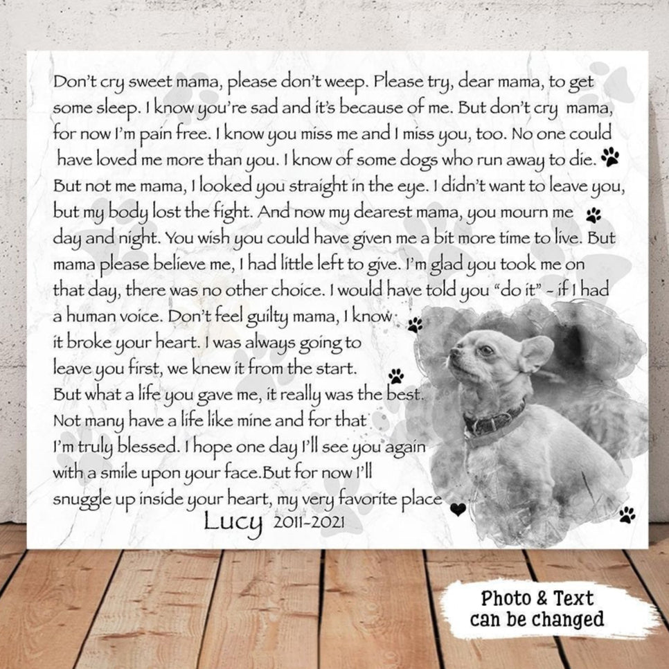 Don't Cry Sweet Mama Dog Poem | Custom Dog Memorial Canvas | Dog Memorial Gifts