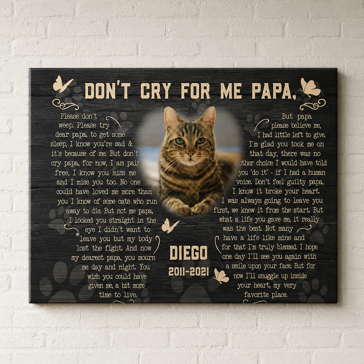 Dont Cry For Me PaPa Cat Memorial Canvas
