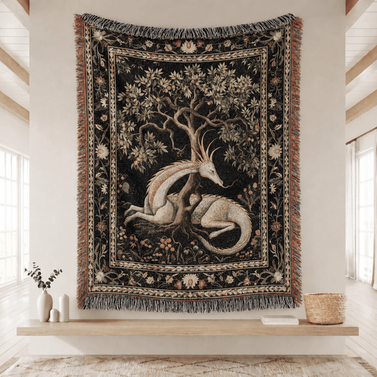 Folklore Dragon Medieval Tapestry | Cottagecore Fairycore Woven Throw Tapestry