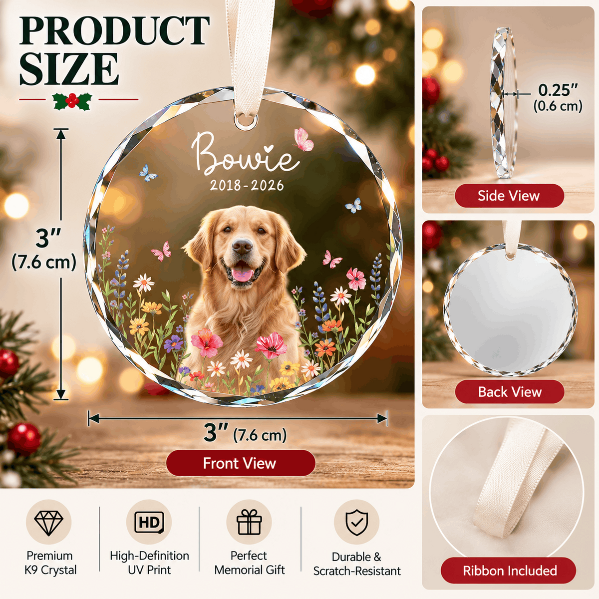 Custom Photo Dog Memorial Crystal Ornament