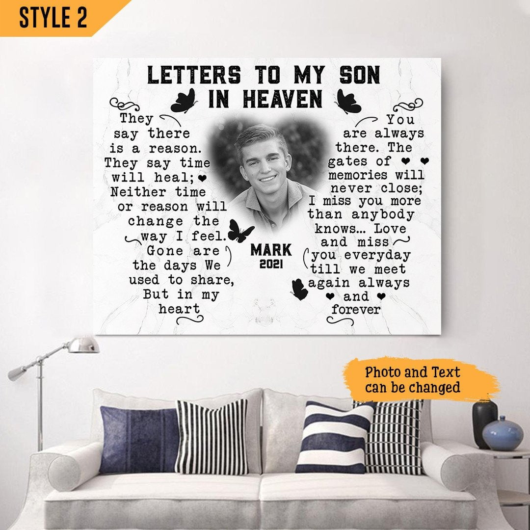 Letters To My Son In Heaven Sympathy Poem For Loss Of Son | Custom Memorial Canvas Print | Butterfly Shape