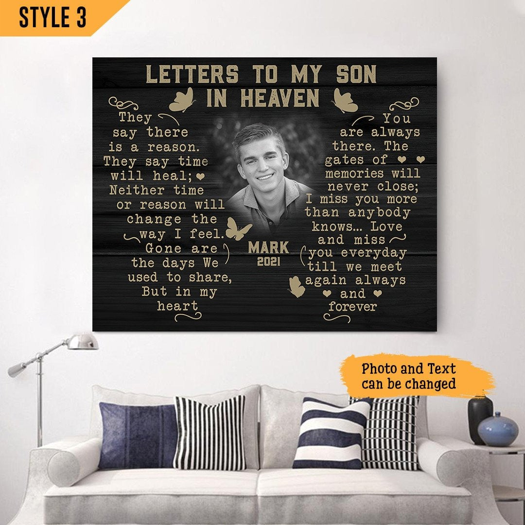 Letters To My Son In Heaven Sympathy Poem For Loss Of Son | Custom Memorial Canvas Print | Butterfly Shape