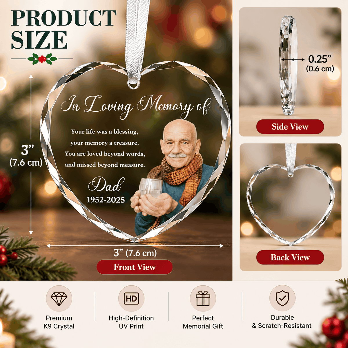 Custom Photo Memorial Crystal Ornament | In Loving Ornament