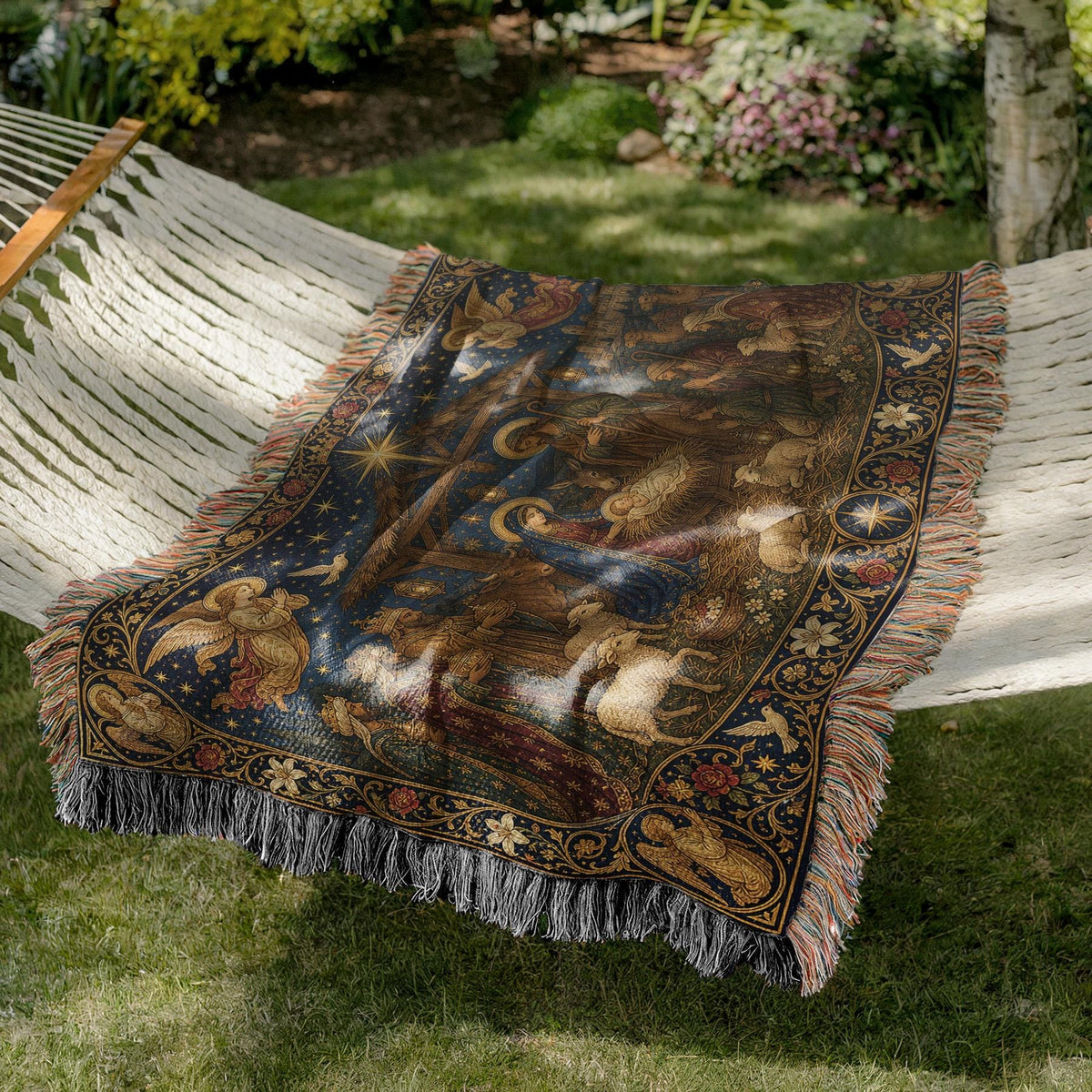 Mary and Baby Jesus Christmas Scene Tapestry Throw Woven Blanket