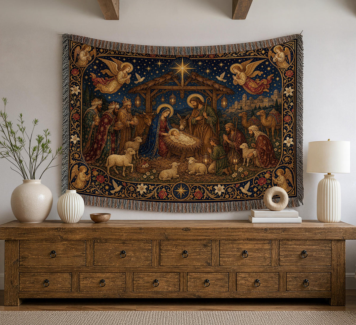 Mary and Baby Jesus Christmas Scene Tapestry Throw Woven Blanket