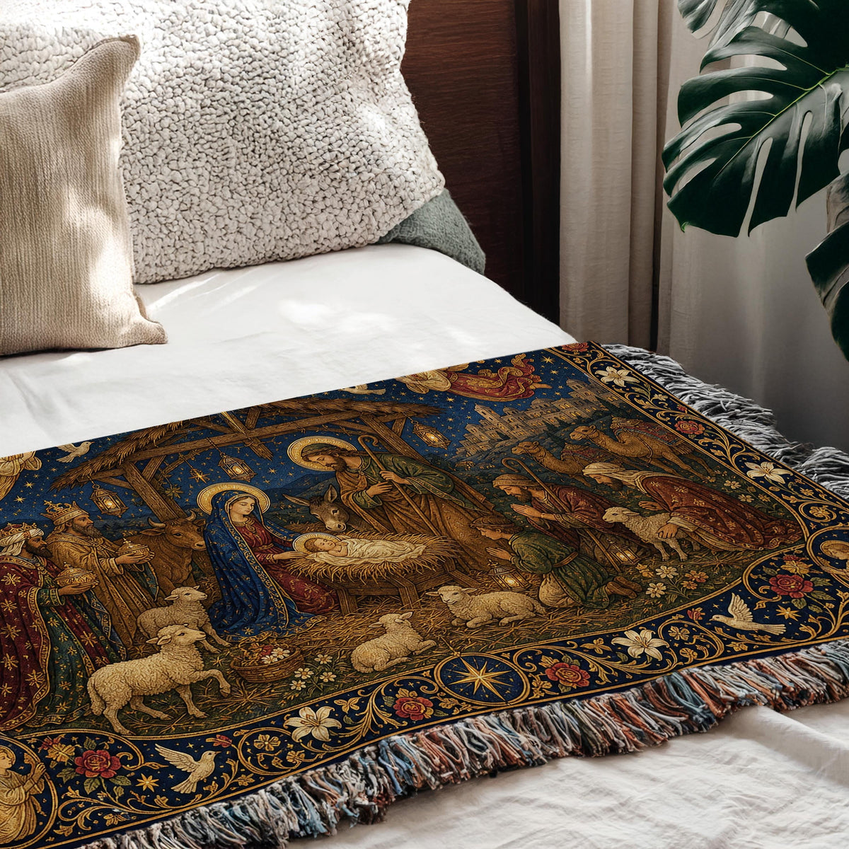 Mary and Baby Jesus Christmas Scene Tapestry Throw Woven Blanket