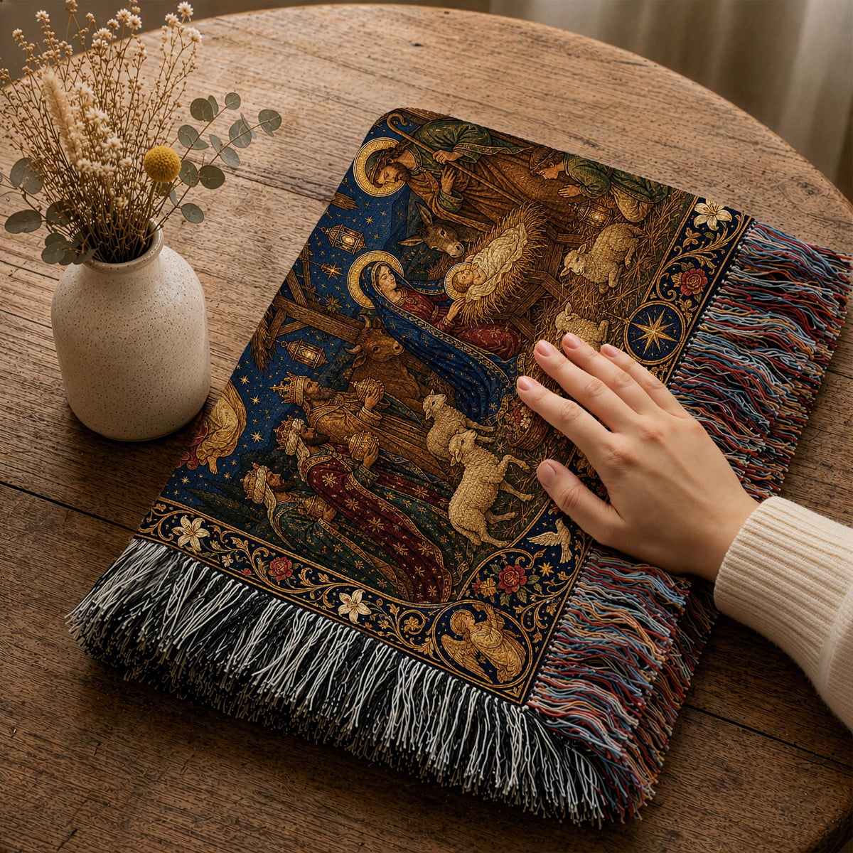 Mary and Baby Jesus Christmas Scene Tapestry Throw Woven Blanket
