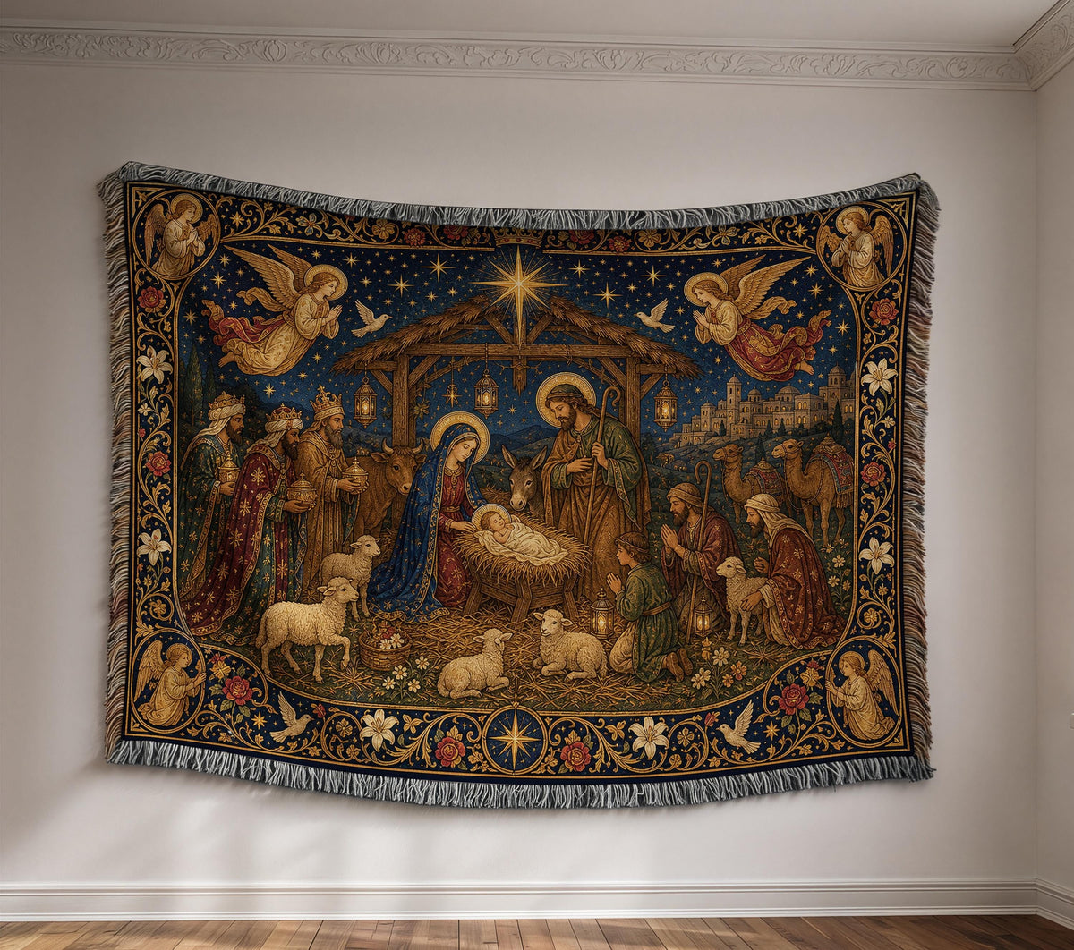 Mary and Baby Jesus Christmas Scene Tapestry Throw Woven Blanket
