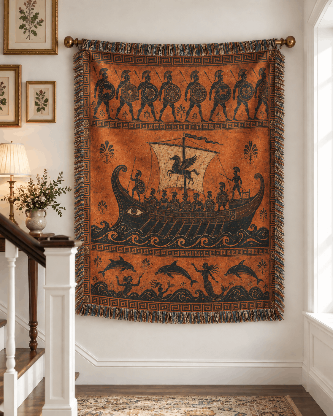 Odysseus Geek Ship Tapestry Woven Blanket | Ancient Trireme Tapestry Throw | Greek Mythology Tapestry