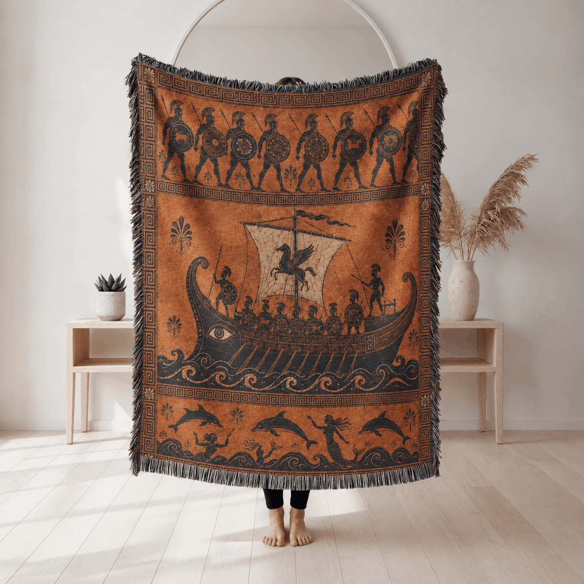 Odysseus Geek Ship Tapestry Woven Blanket | Ancient Trireme Tapestry Throw | Greek Mythology Tapestry