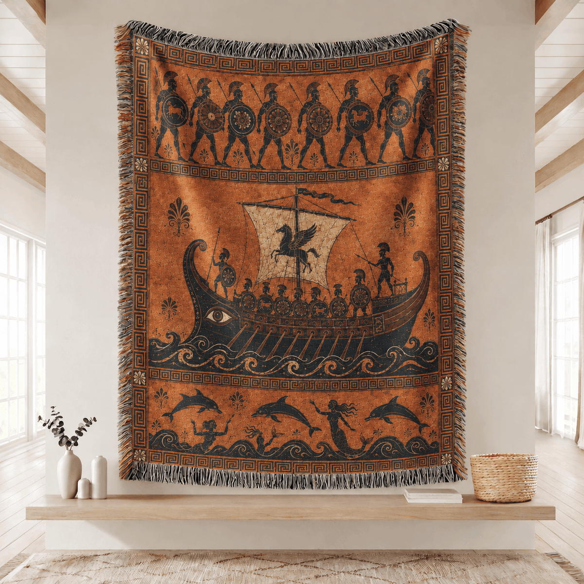 Odysseus Geek Ship Tapestry Woven Blanket | Ancient Trireme Tapestry Throw | Greek Mythology Tapestry
