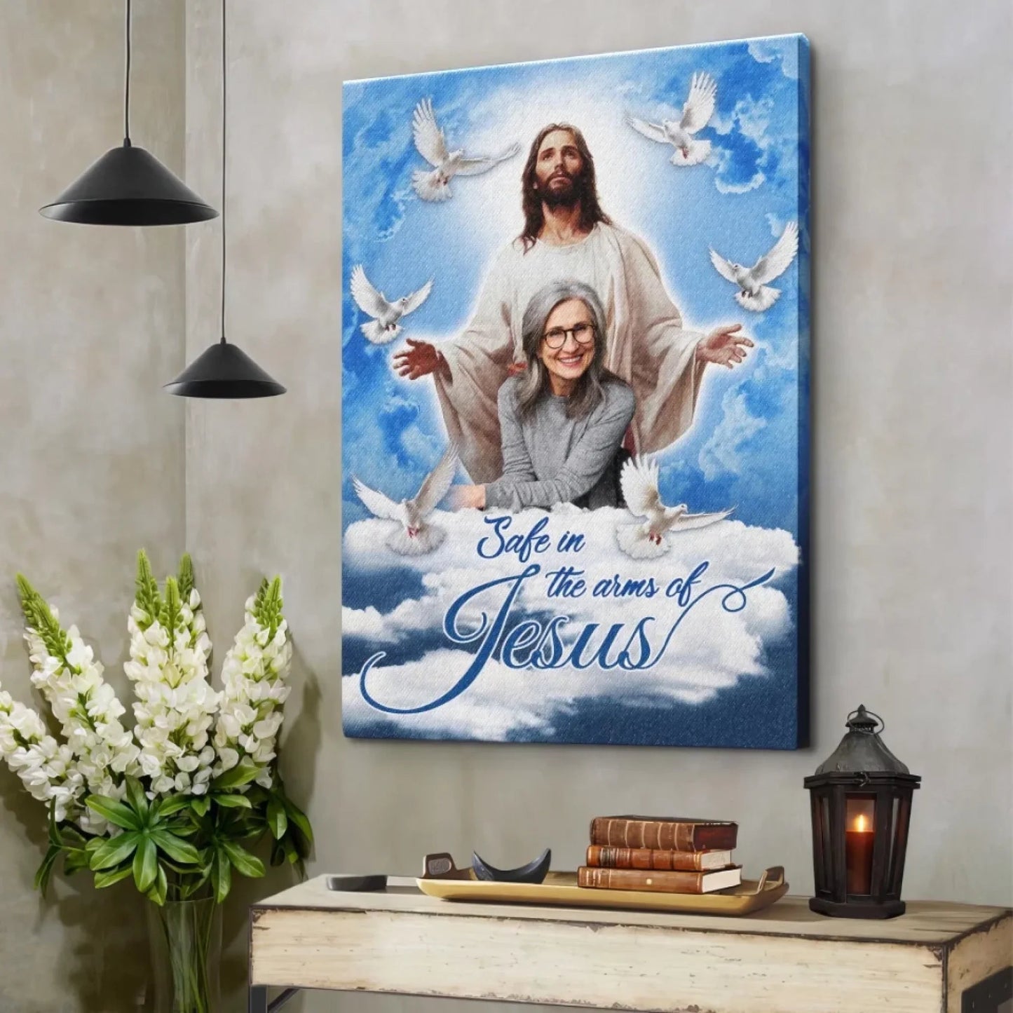 Blue Sky With Pigeon Safe In The Arms Of Jesus | Memorial Gift For Loss