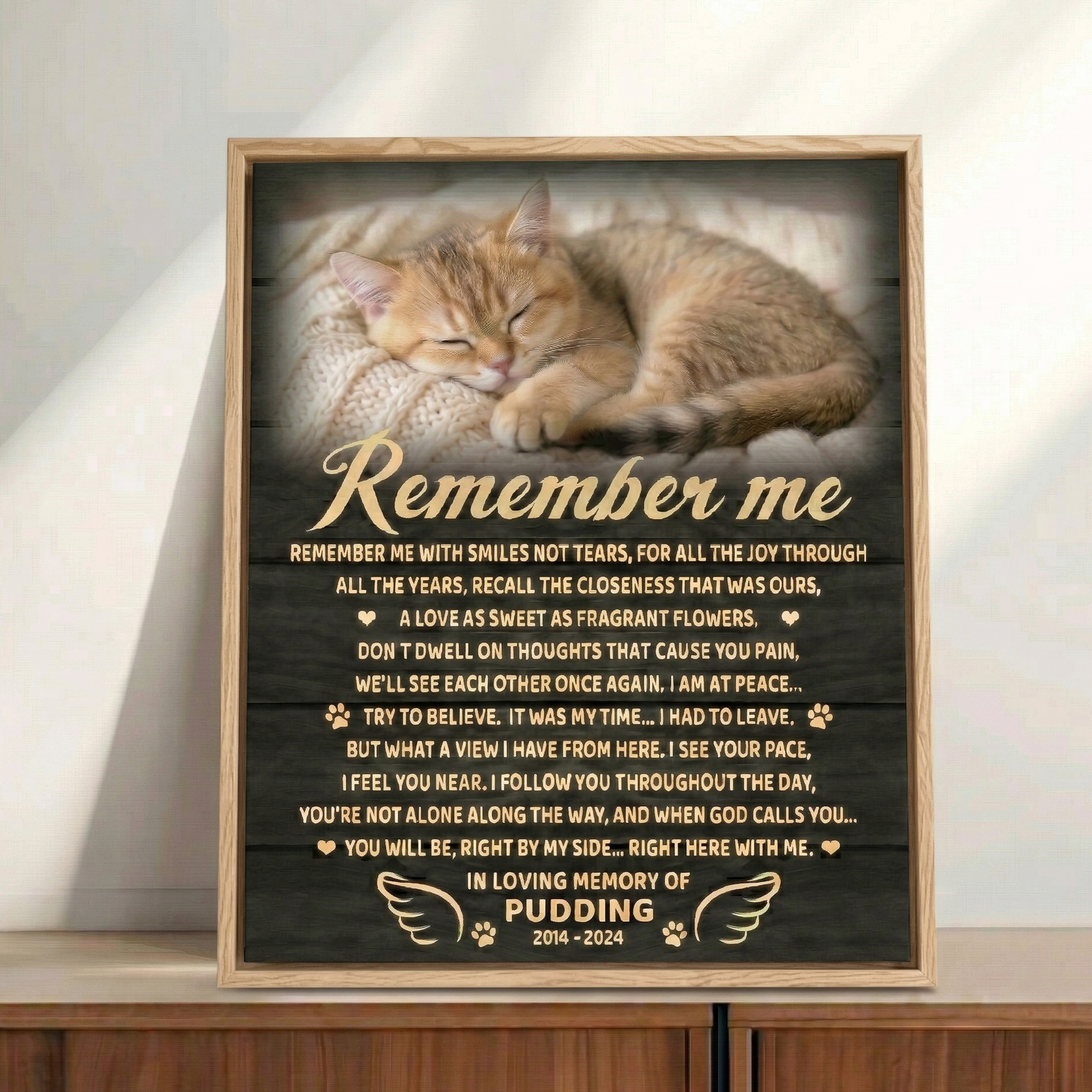 Remember Me Poem Cat Memorial Canvas Print Nature Wood Framed