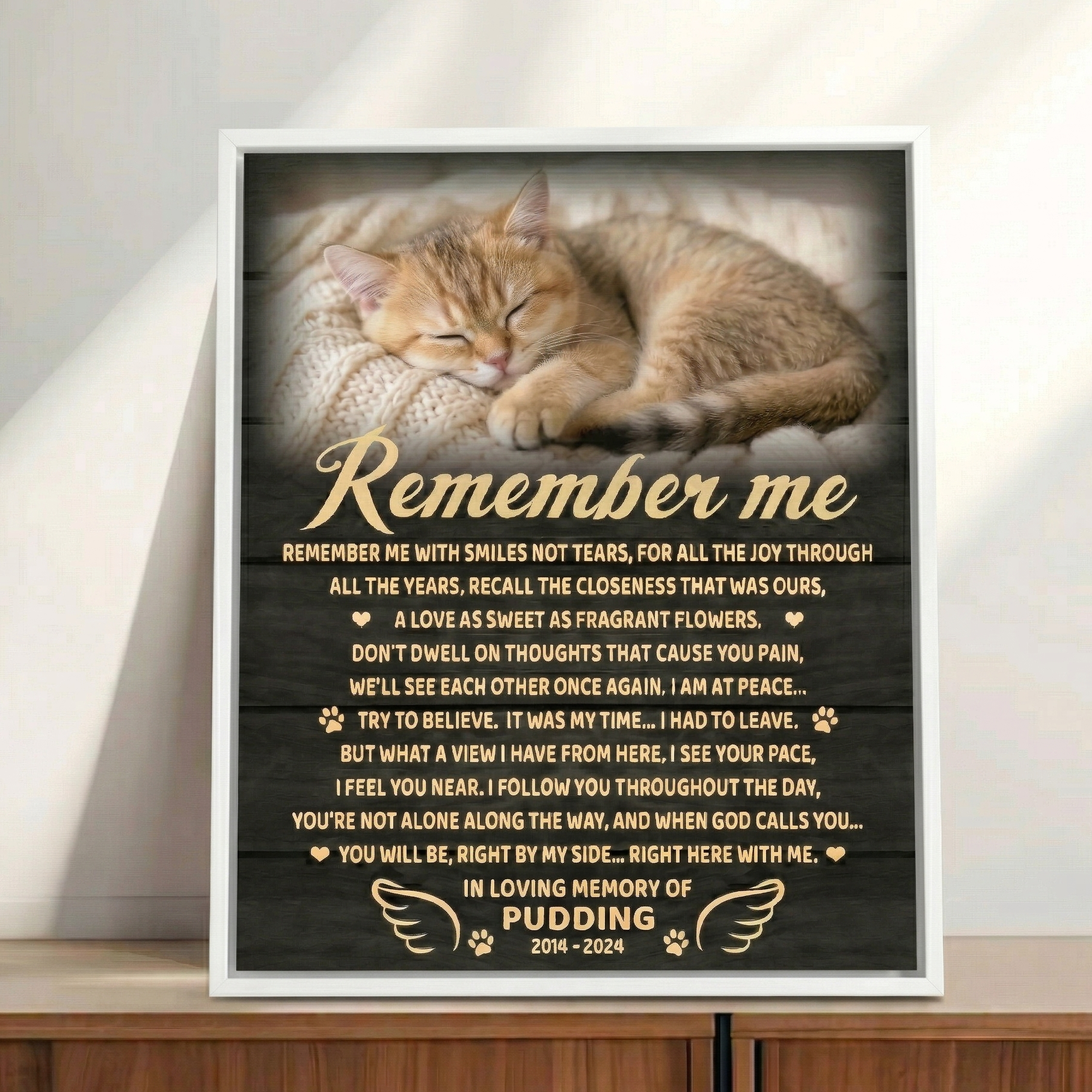 Remember Me Poem Cat Memorial Canvas Print White Framed