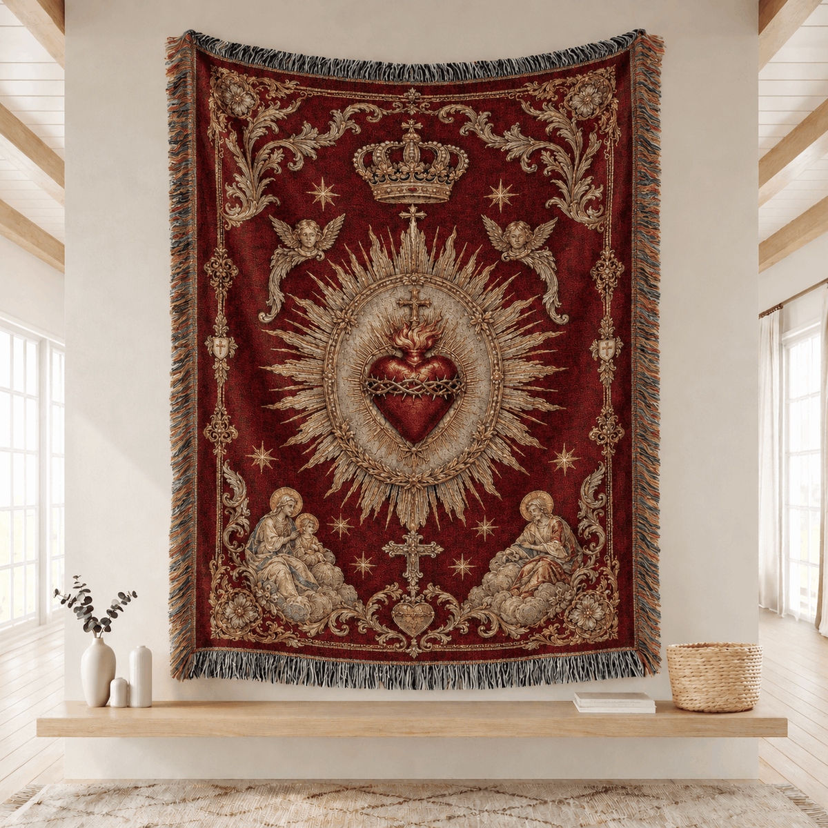 Sacred Heart of Jesus Tapestry | Crown Cherubim Sacred Heart of Jesus Woven Blanket