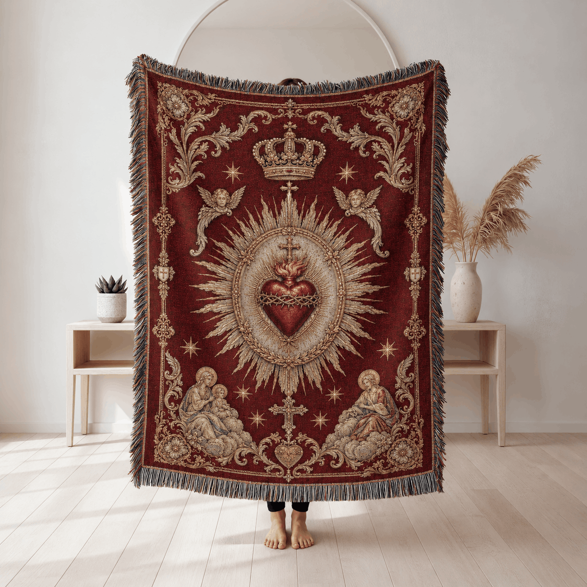 Sacred Heart of Jesus Tapestry | Crown Cherubim Sacred Heart of Jesus Woven Blanket