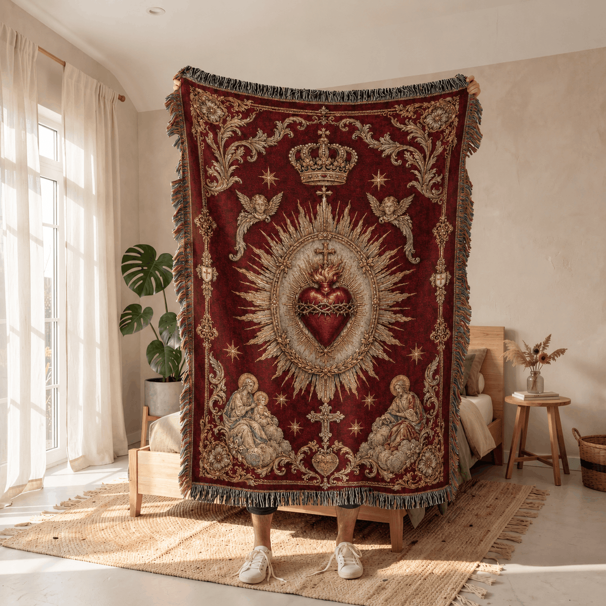 Sacred Heart of Jesus Tapestry | Crown Cherubim Sacred Heart of Jesus Woven Blanket