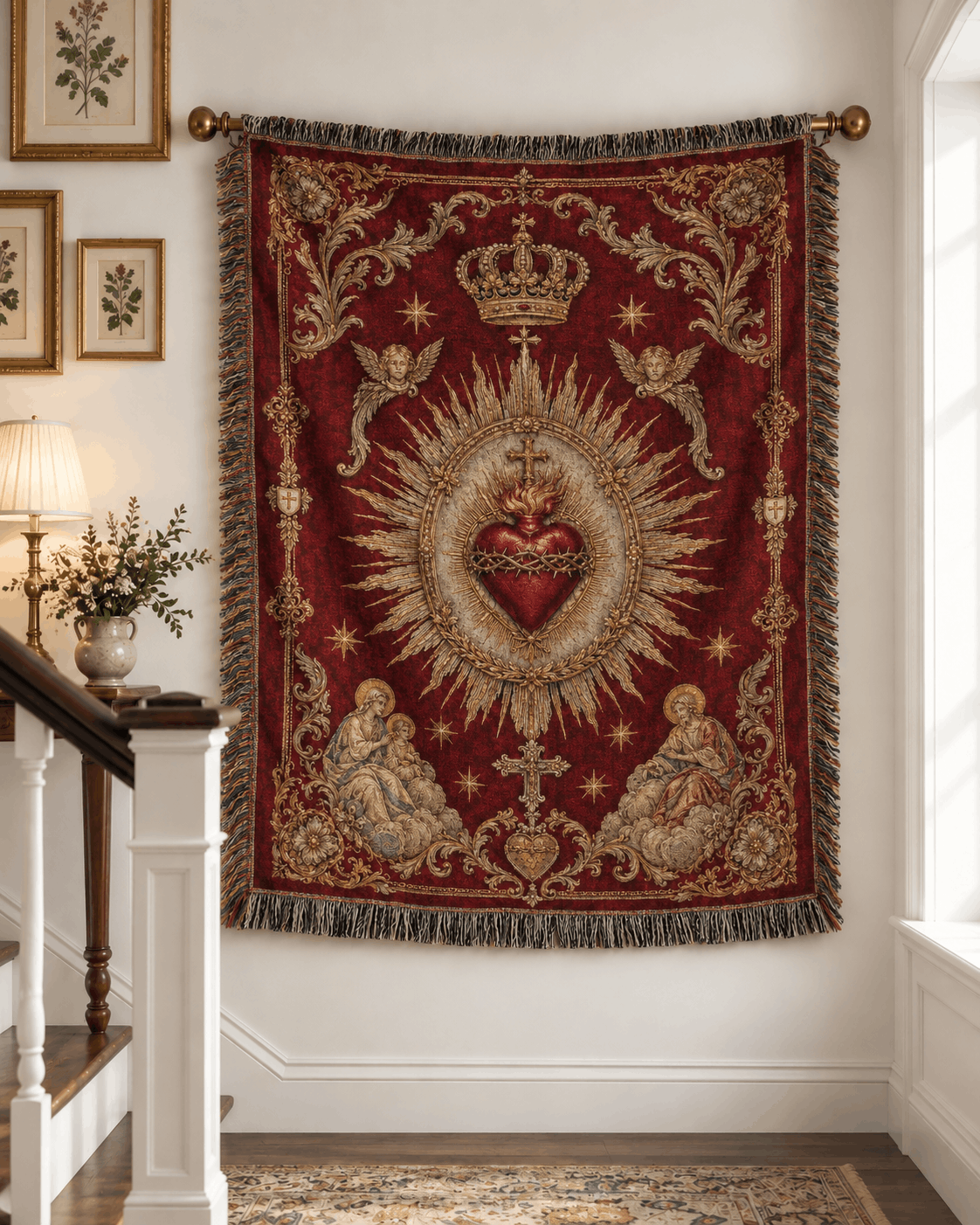 Sacred Heart of Jesus Tapestry | Crown Cherubim Sacred Heart of Jesus Woven Blanket