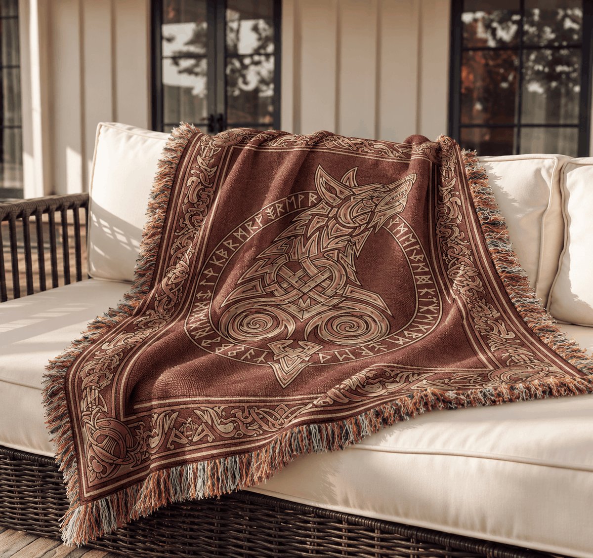 Viking Tapestry Woven Blanket | Fenrir Wolf Norse Runes Tapestry