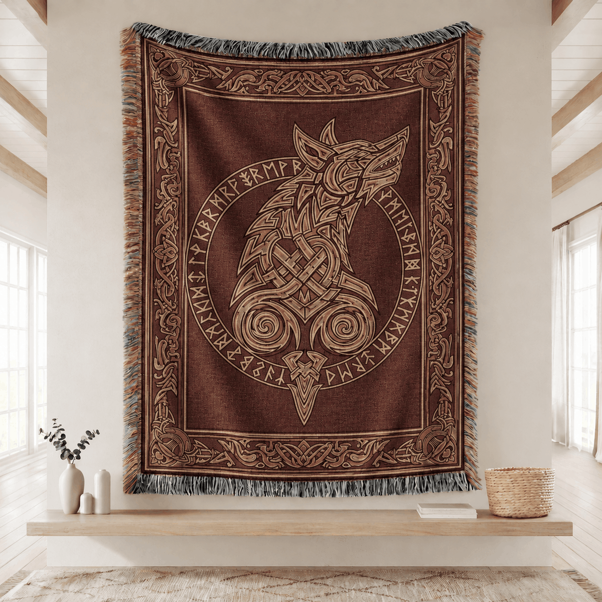 Viking Tapestry Woven Blanket | Fenrir Wolf Norse Runes Tapestry