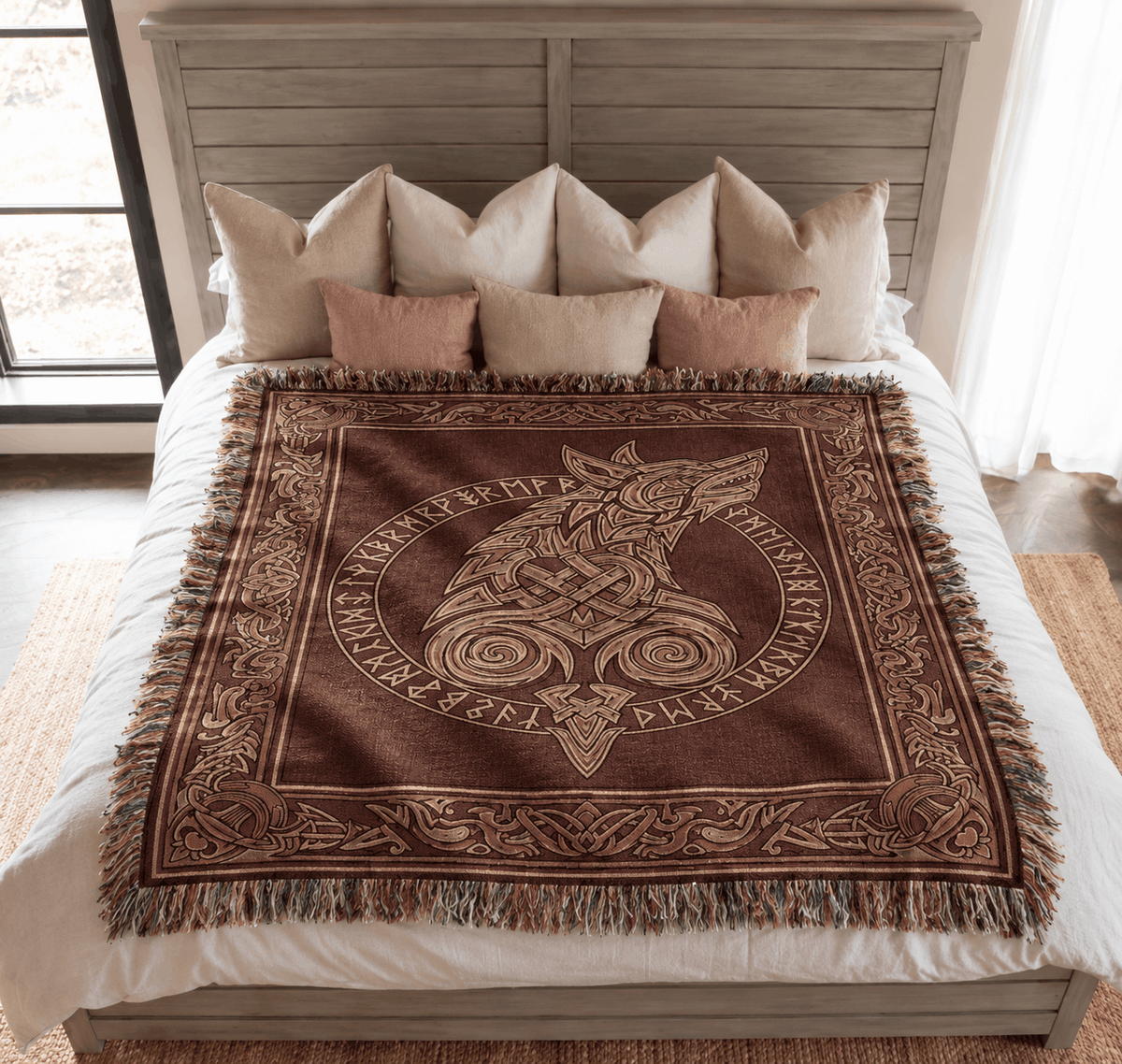 Viking Tapestry Woven Blanket | Fenrir Wolf Norse Runes Tapestry