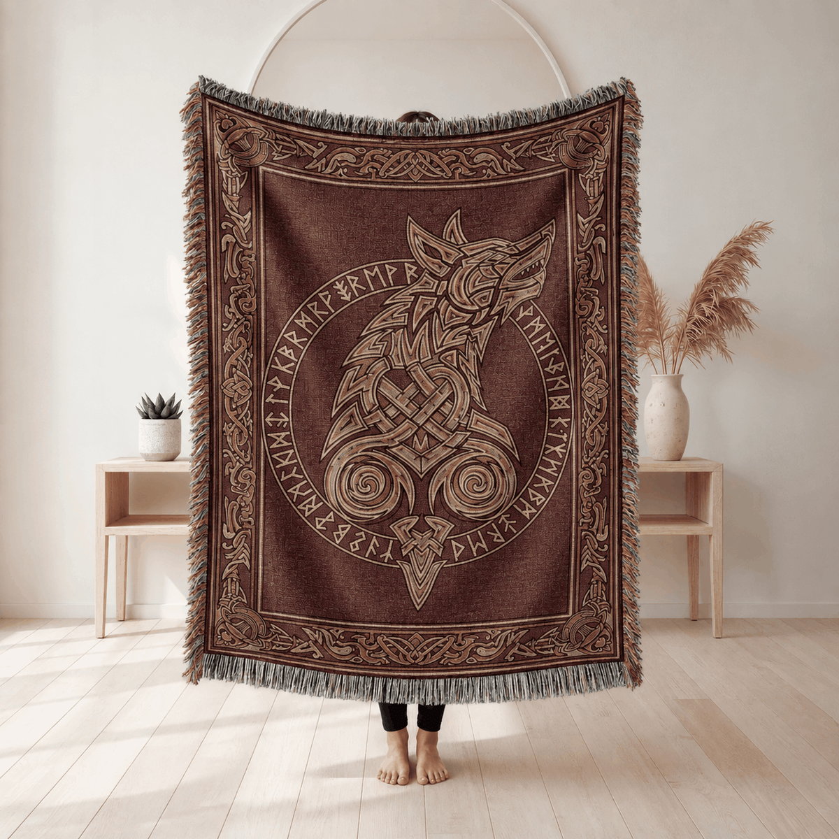 Viking Tapestry Woven Blanket | Fenrir Wolf Norse Runes Tapestry