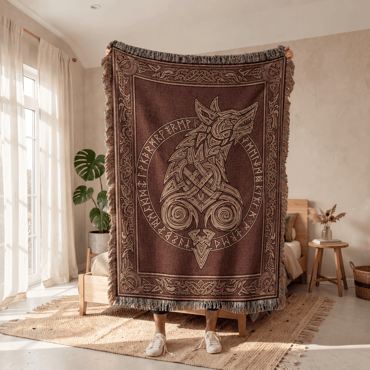 Viking Tapestry Woven Blanket | Fenrir Wolf Norse Runes Tapestry