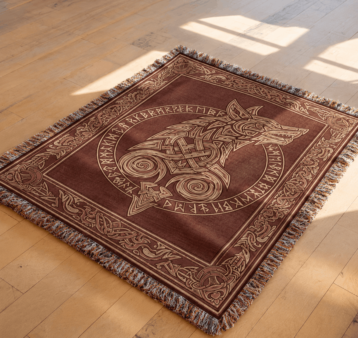 Viking Tapestry Woven Blanket | Fenrir Wolf Norse Runes Tapestry