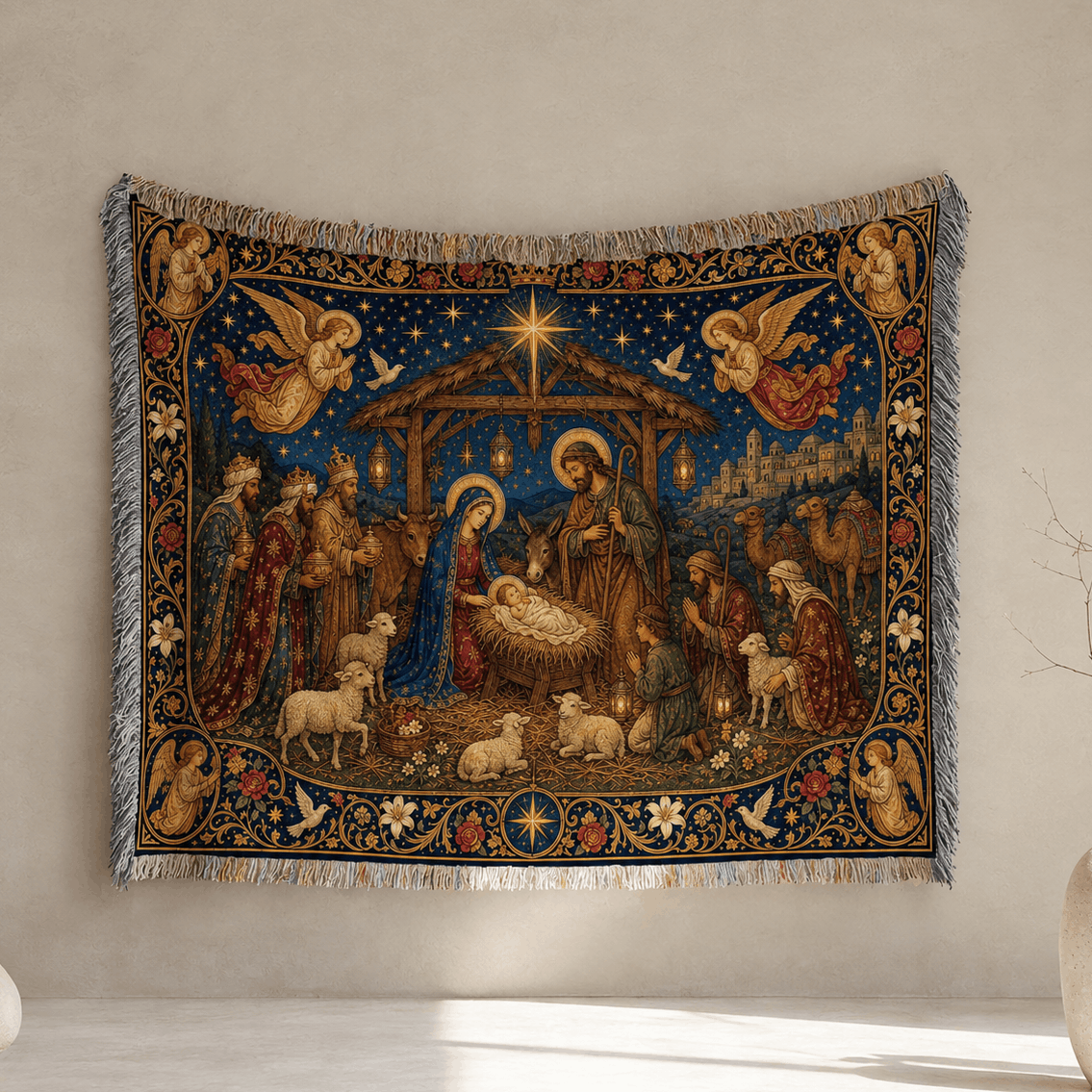 Mary and Baby Jesus Christmas Scene Tapestry Throw Woven Blanket