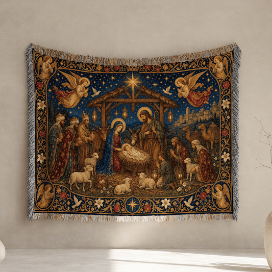 Mary and Baby Jesus Christmas Scene Tapestry Throw Woven Blanket