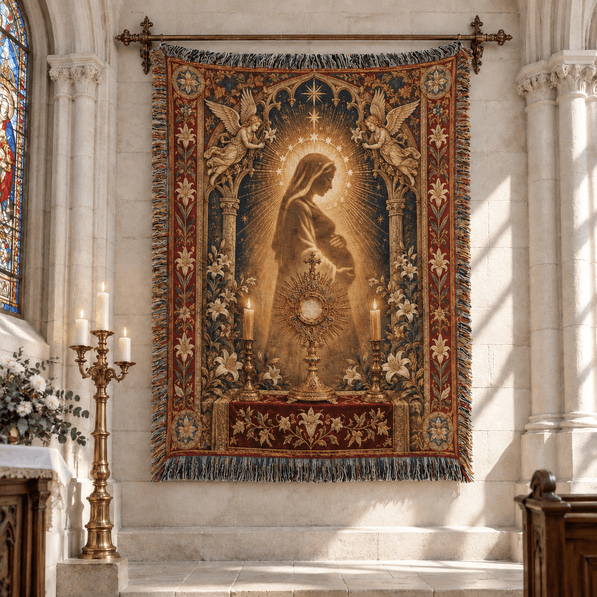 Medieval Tapestry Woven Throw Blanket | Mary Jesus Mother Woven Blanket