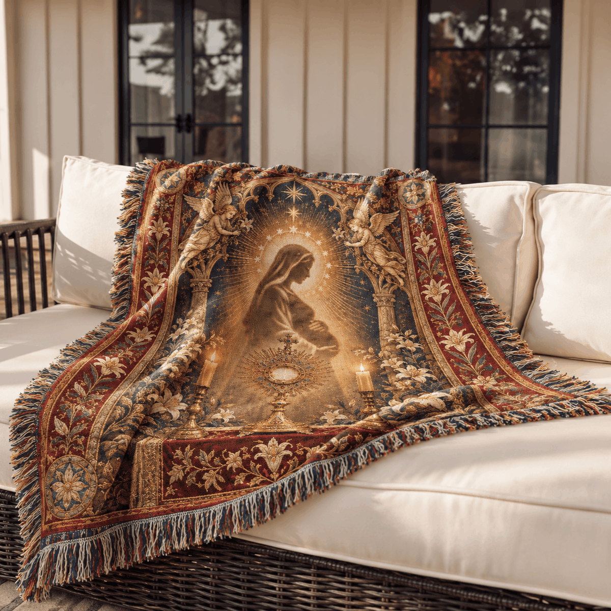 Medieval Tapestry Woven Throw Blanket | Mary Jesus Mother Woven Blanket