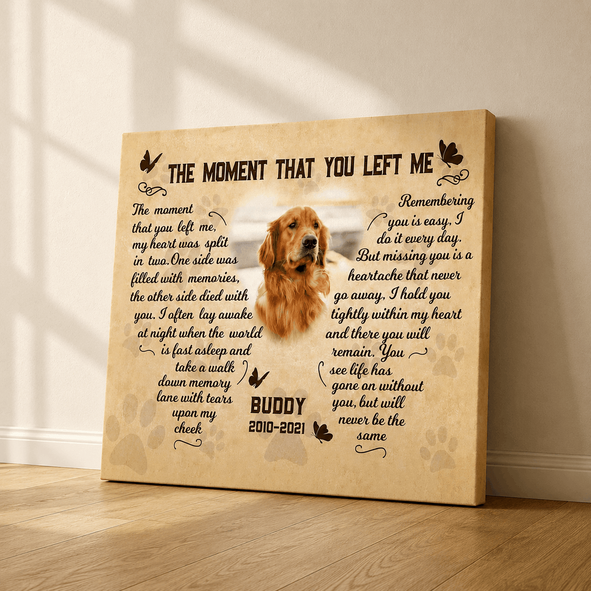 The Moment That You Left Me Dog Poem | Custom Dog Memorial Canvas Print | Butterfly Shape