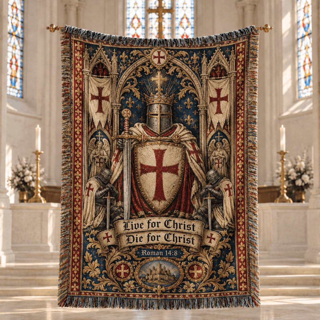 Medieval Tapestry Woven Throw Blanket | Crusader Knight Templars Woven Blanket