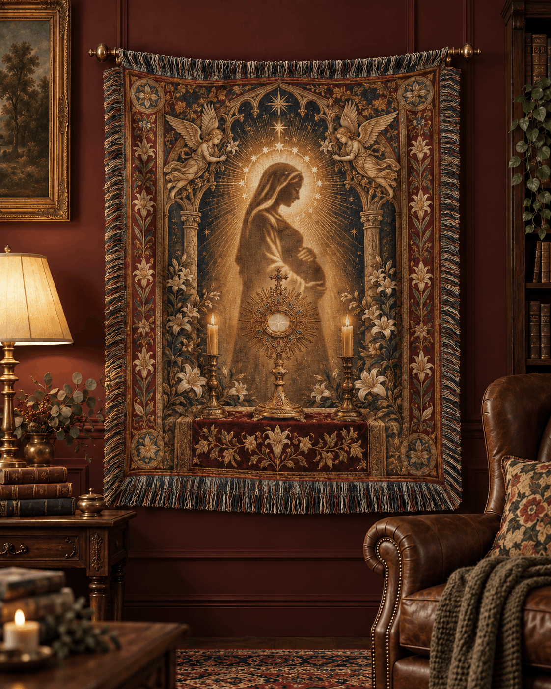 Medieval Tapestry Woven Throw Blanket | Mary Jesus Mother Woven Blanket
