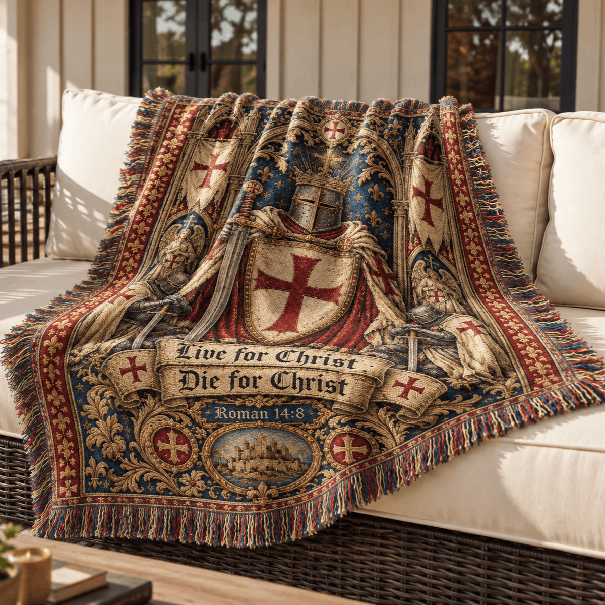 Medieval Tapestry Woven Throw Blanket | Crusader Knight Templars Woven Blanket