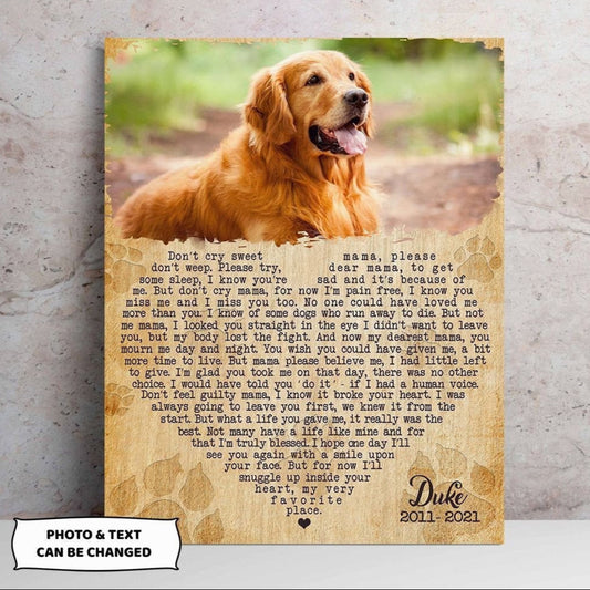 Don't Cry Sweet Mama Dog Poem | Custom Dog Memorial Canvas Print | Heart Shape