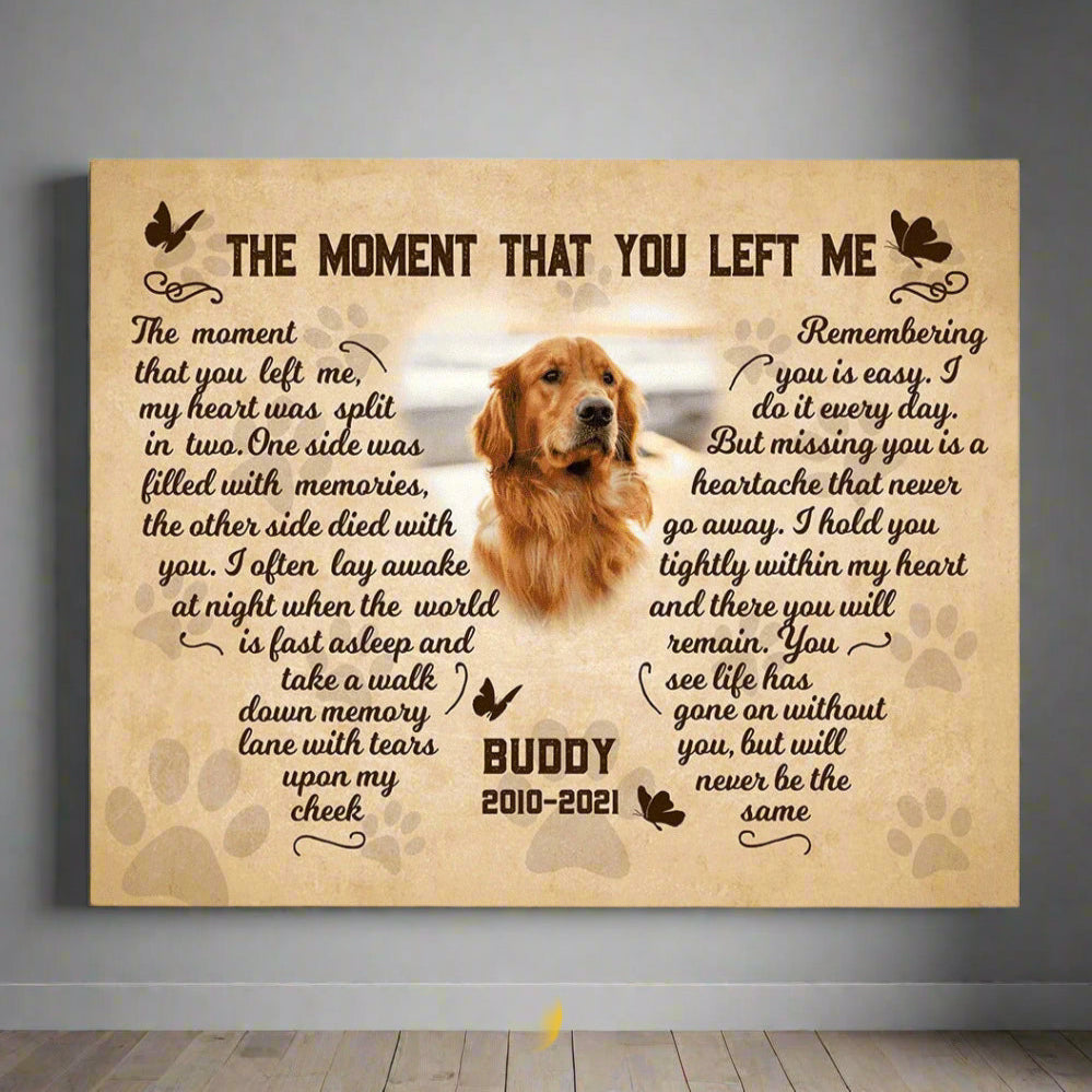 The Moment That You Left Me Dog Poem | Custom Dog Memorial Canvas Print | Butterfly Shape